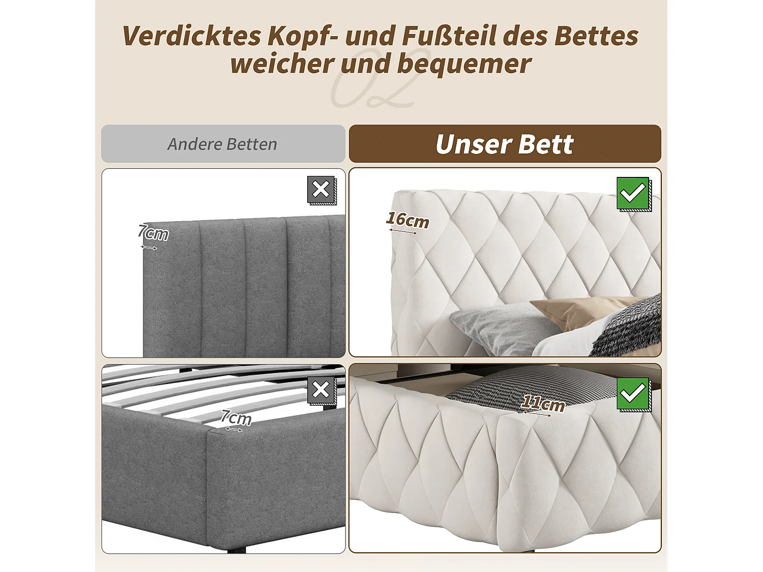 Bettkastenbett 160 x 200 cm mit Kopfteil - Samt - Rautenmuster - Beige (ohne Matratze)