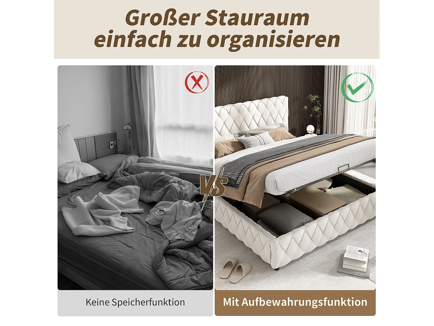 Bettkastenbett 160 x 200 cm mit Kopfteil - Samt - Rautenmuster - Beige (ohne Matratze)