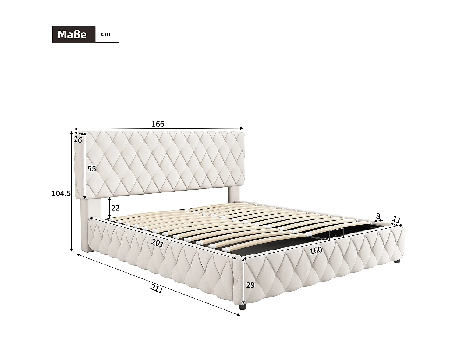 Bettkastenbett 160 x 200 cm mit Kopfteil - Samt - Rautenmuster - Beige (ohne Matratze)