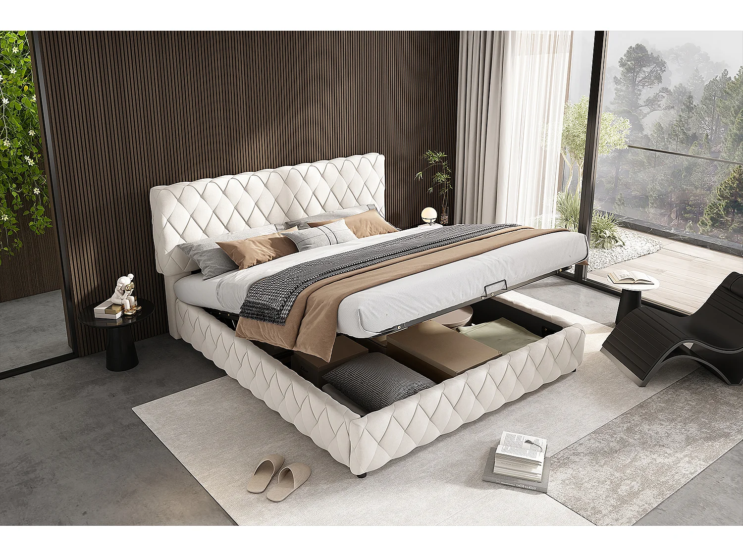 Bettkastenbett 160 x 200 cm mit Kopfteil - Samt - Rautenmuster - Beige (ohne Matratze)