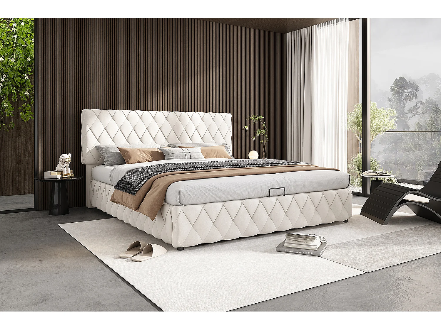 Bettkastenbett 160 x 200 cm mit Kopfteil - Samt - Rautenmuster - Beige (ohne Matratze)