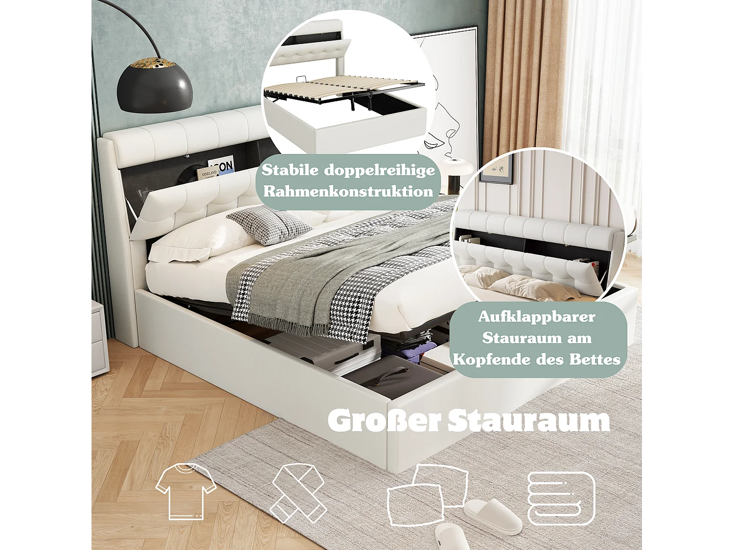 Lit coffre 160 x 200 cm avec tête de lit rangement - LEDs - Cuir PU - Blanc (sans matelas)