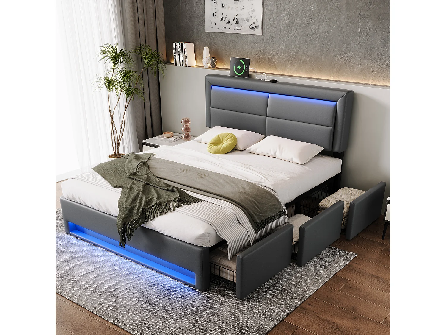Lit coffre 140 x 190 cm avec tête de lit et 3 tirois - LEDs et port USB - Cuir PU - Gris (sans matelas)