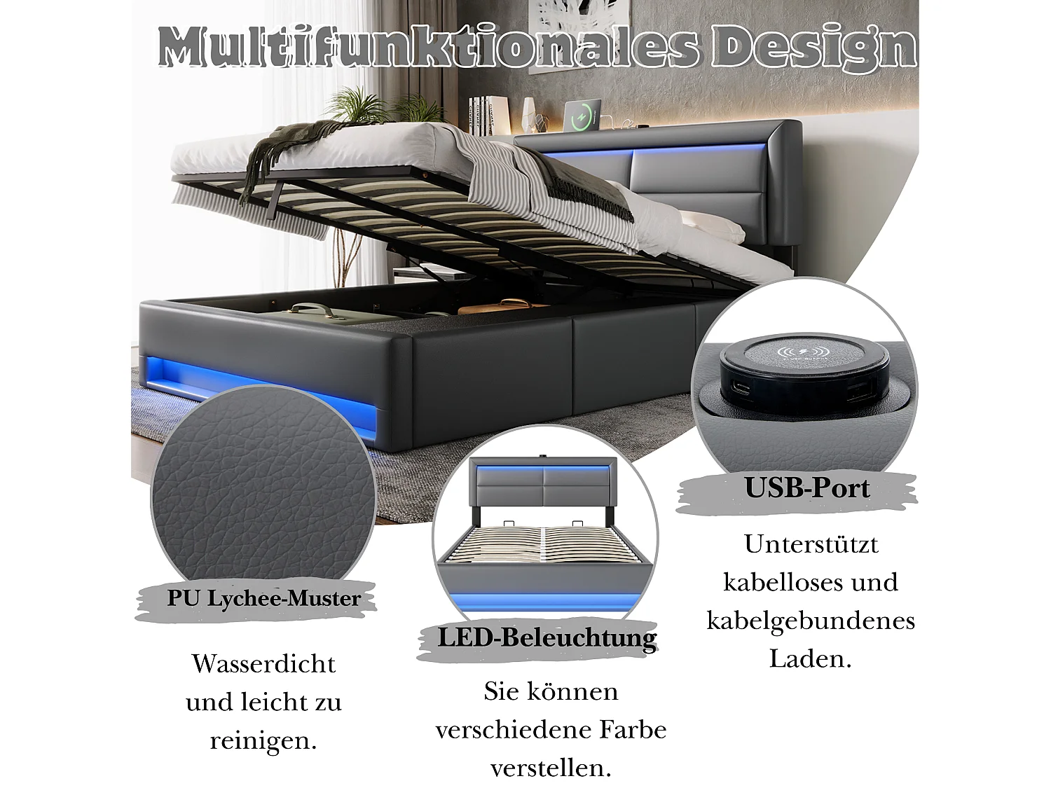 Lit coffre 140 x 190 cm avec tête de lit et 3 tirois - LEDs et port USB - Cuir PU - Gris (sans matelas)