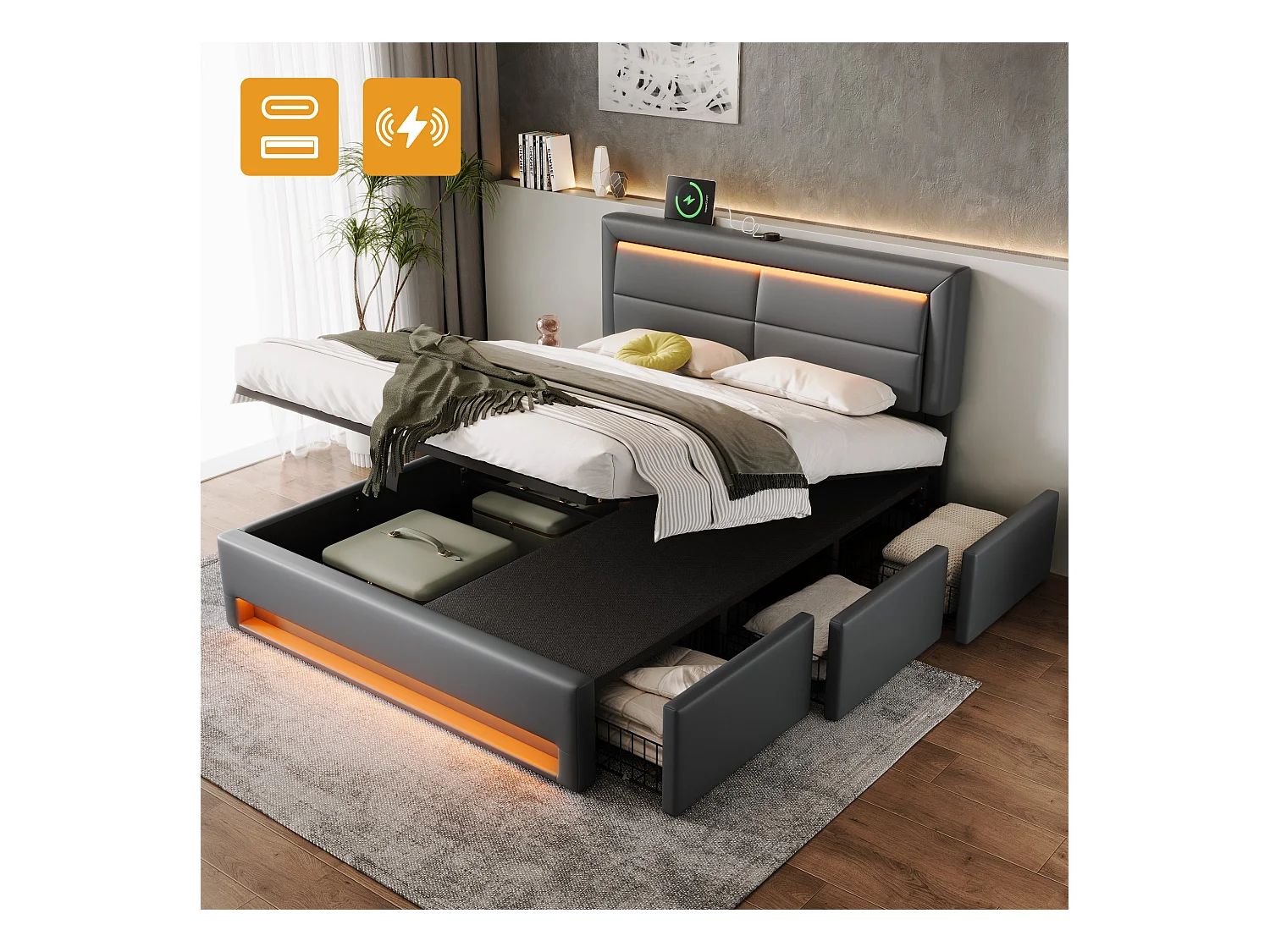 Lit coffre 140 x 190 cm avec tête de lit et 3 tirois - LEDs et port USB - Cuir PU - Gris (sans matelas)