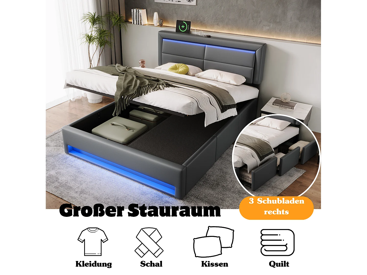 Lit coffre 140 x 190 cm avec tête de lit et 3 tirois - LEDs et port USB - Cuir PU - Gris (sans matelas)