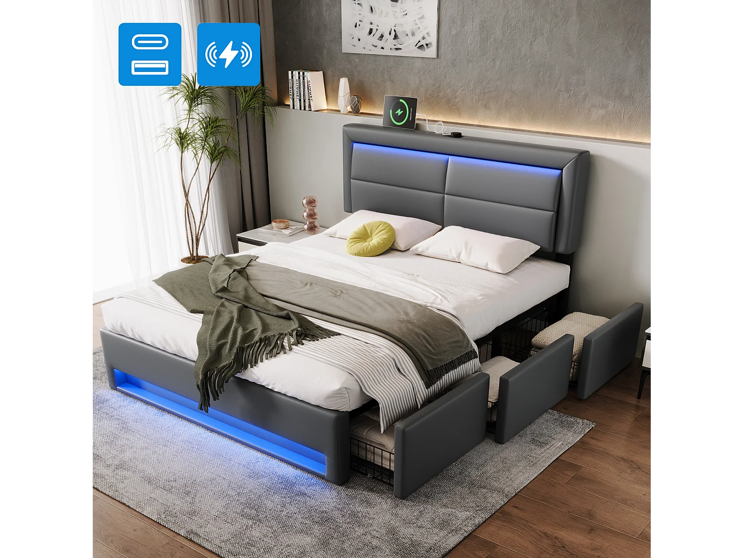 Lit coffre 140 x 190 cm avec tête de lit et 3 tirois - LEDs et port USB - Cuir PU - Gris (sans matelas)