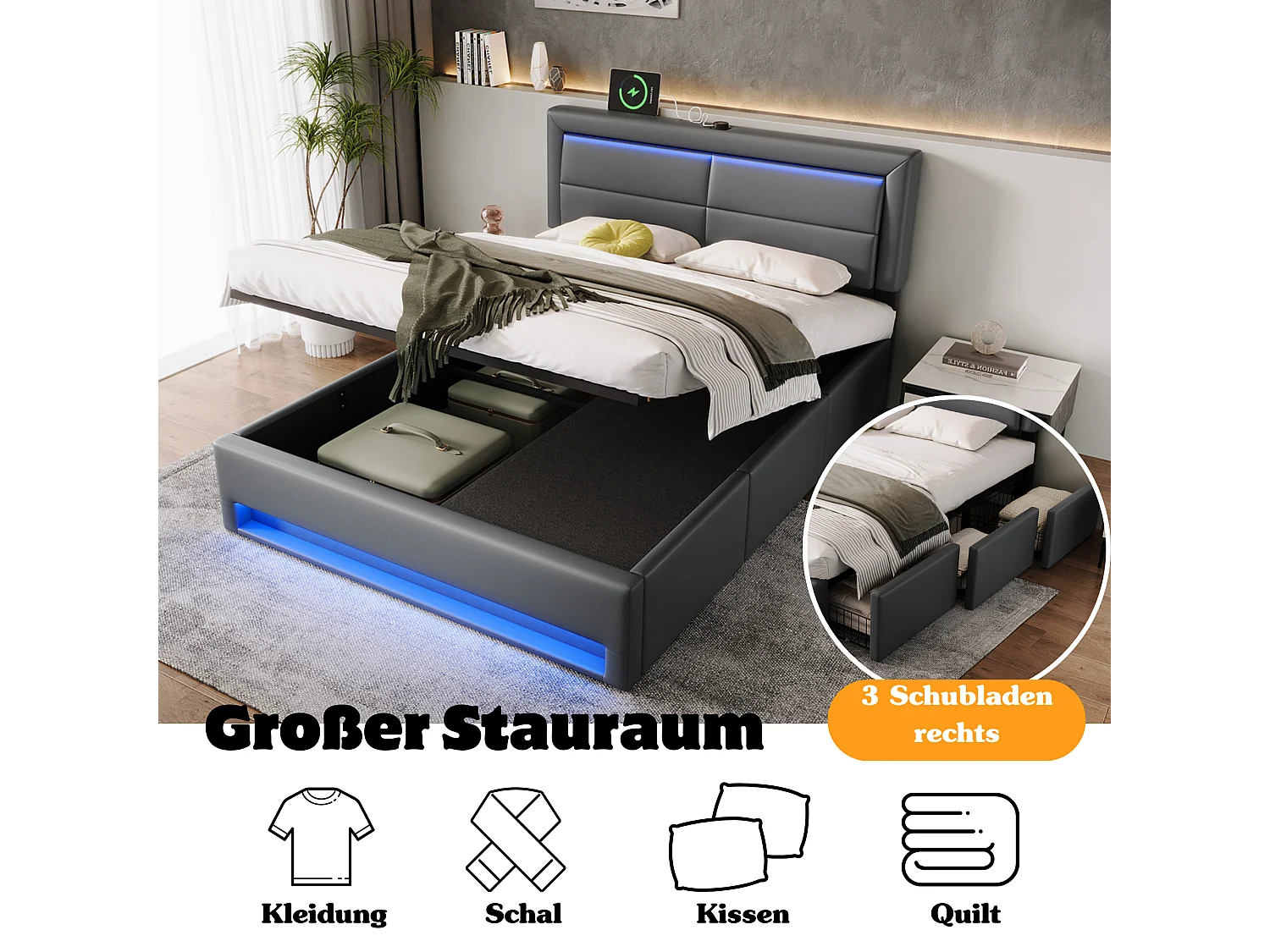 Lit coffre 140 x 190 cm avec tête de lit et 3 tirois - LEDs et port USB - Cuir PU - Gris (sans matelas)