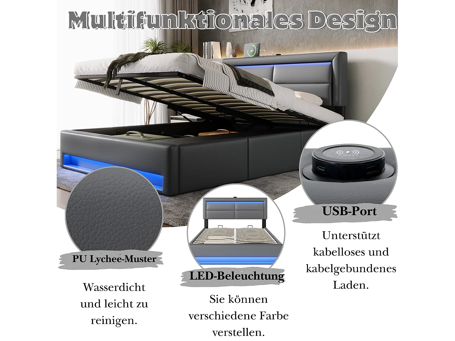 Lit coffre 140 x 190 cm avec tête de lit et 3 tirois - LEDs et port USB - Cuir PU - Gris (sans matelas)