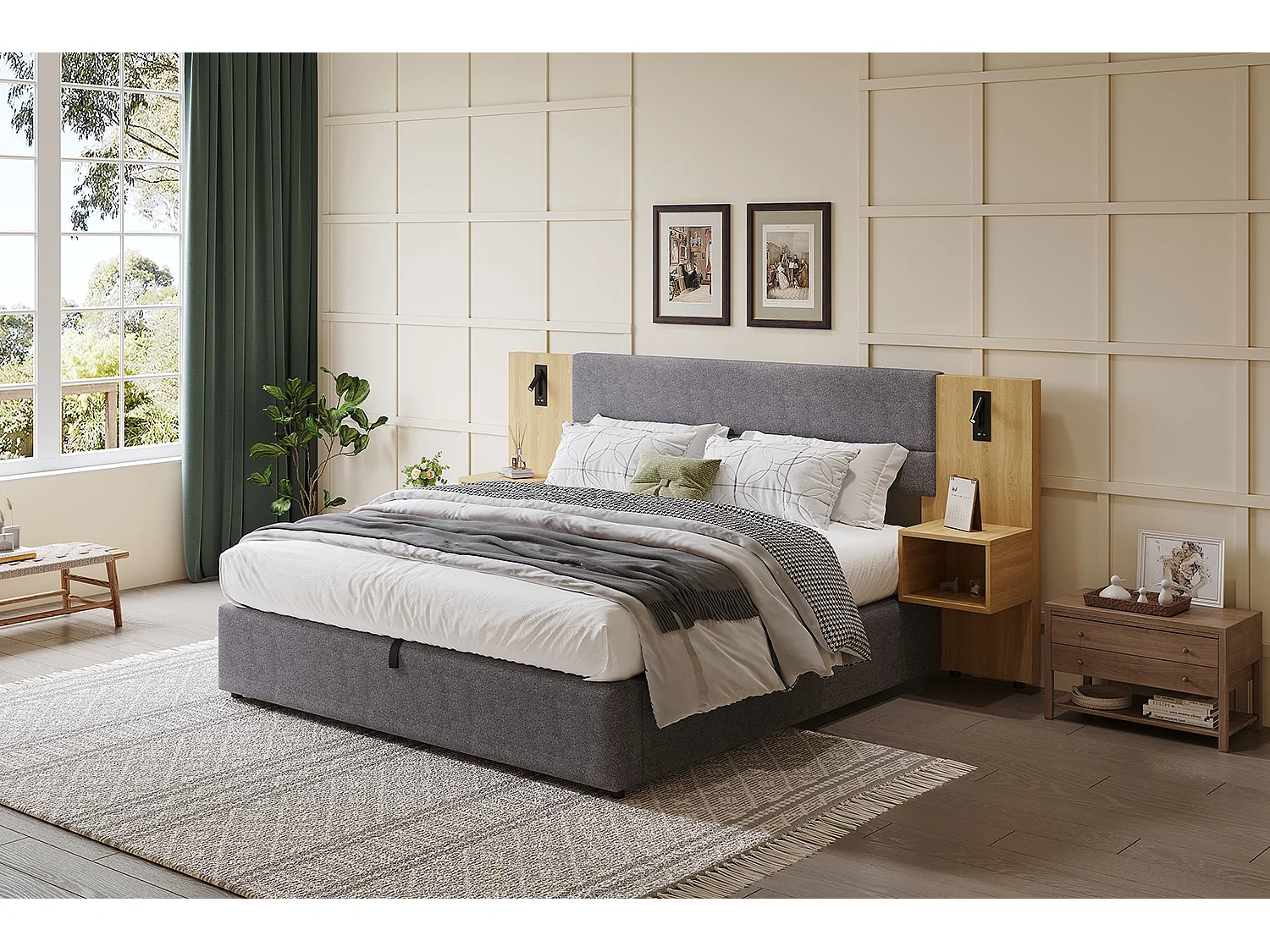 Lit coffre 160 x 200 cm avec grande tête de lit et 2 chevets- Prise USB et 2 lampes de lecture - Bois et velours - Gris + naturel (sans matelas)