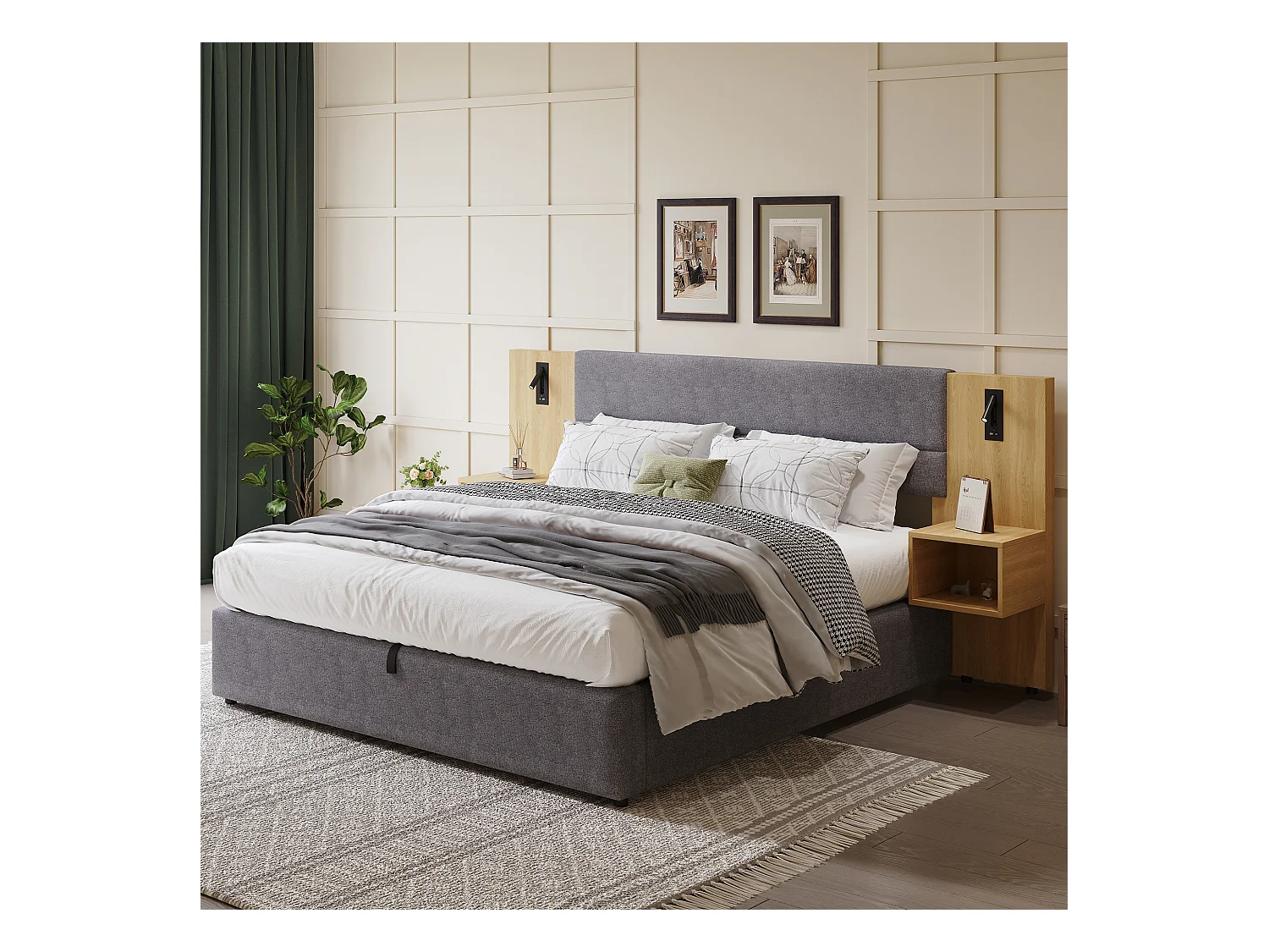 Lit coffre 160 x 200 cm avec grande tête de lit et 2 chevets- Prise USB et 2 lampes de lecture - Bois et velours - Gris + naturel (sans matelas)