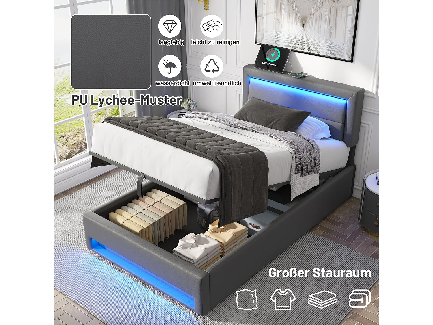 Opbergbed 90 x 190 cm met hoofdbord - LED's en USB-aansluitingen - PU-leer - Grijs (zonder matras)