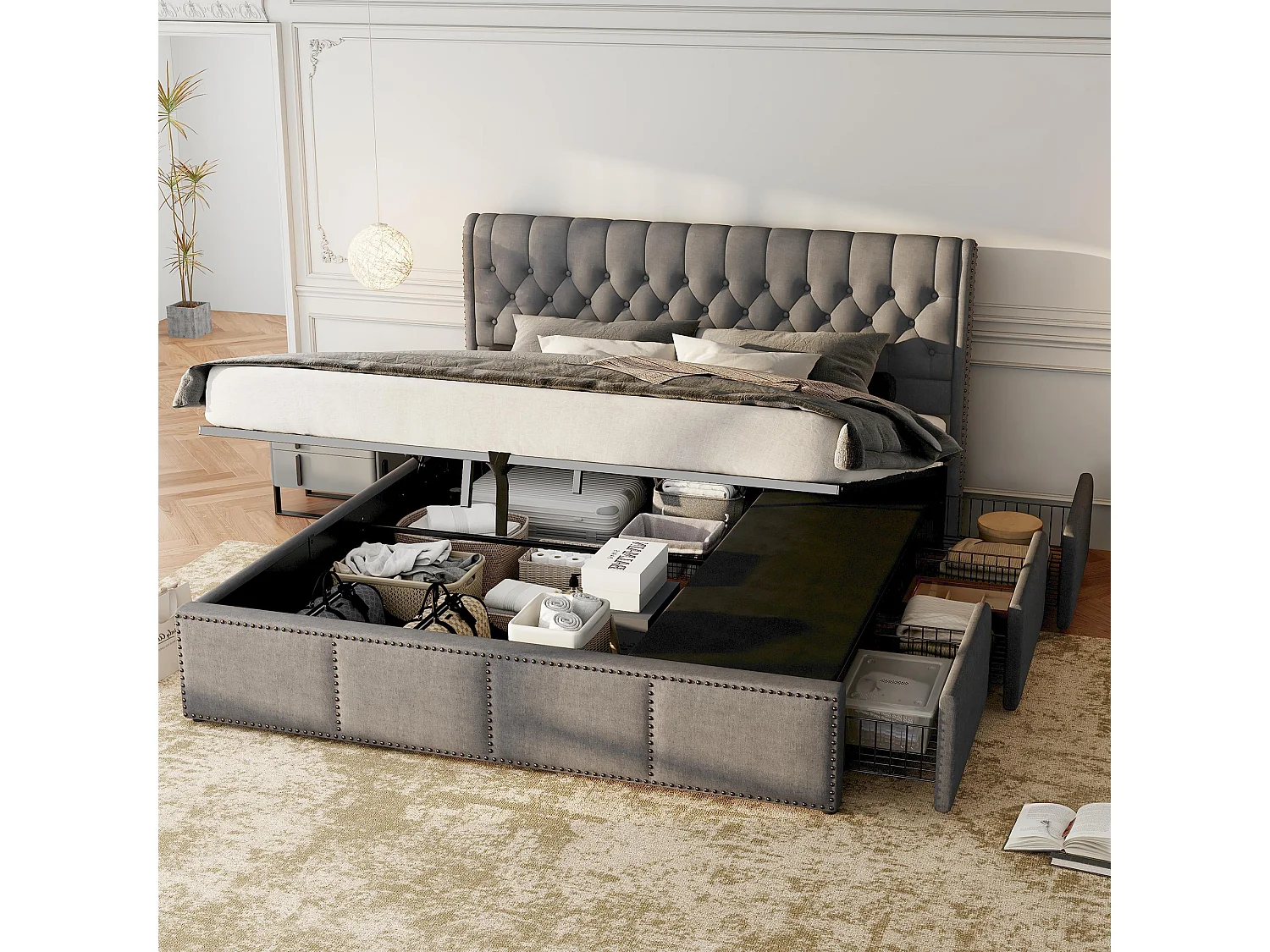 Lit coffre 160 x 200 cm avec tête de lit et 3 tirois - Décor rivet - Tissu en lin - Gris (sans matelas)