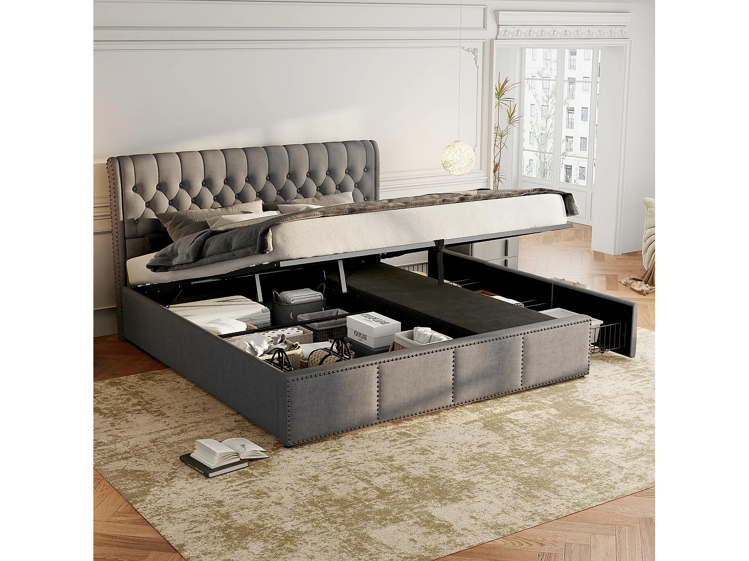 Lit coffre 160 x 200 cm avec tête de lit et 3 tirois - Décor rivet - Tissu en lin - Gris (sans matelas)