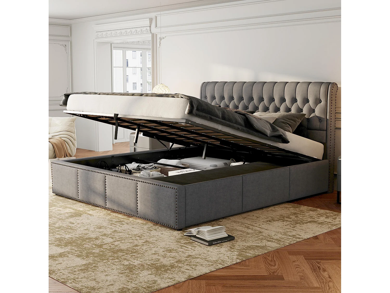 Lit coffre 160 x 200 cm avec tête de lit et 3 tirois - Décor rivet - Tissu en lin - Gris (sans matelas)