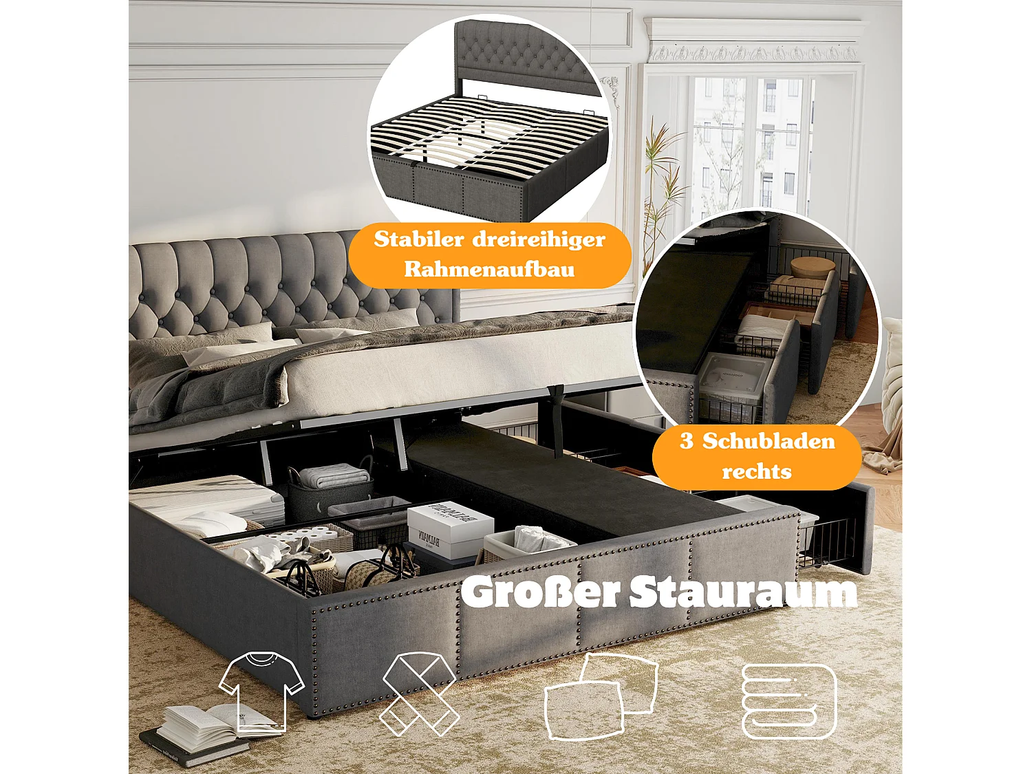 Lit coffre 160 x 200 cm avec tête de lit et 3 tirois - Décor rivet - Tissu en lin - Gris (sans matelas)