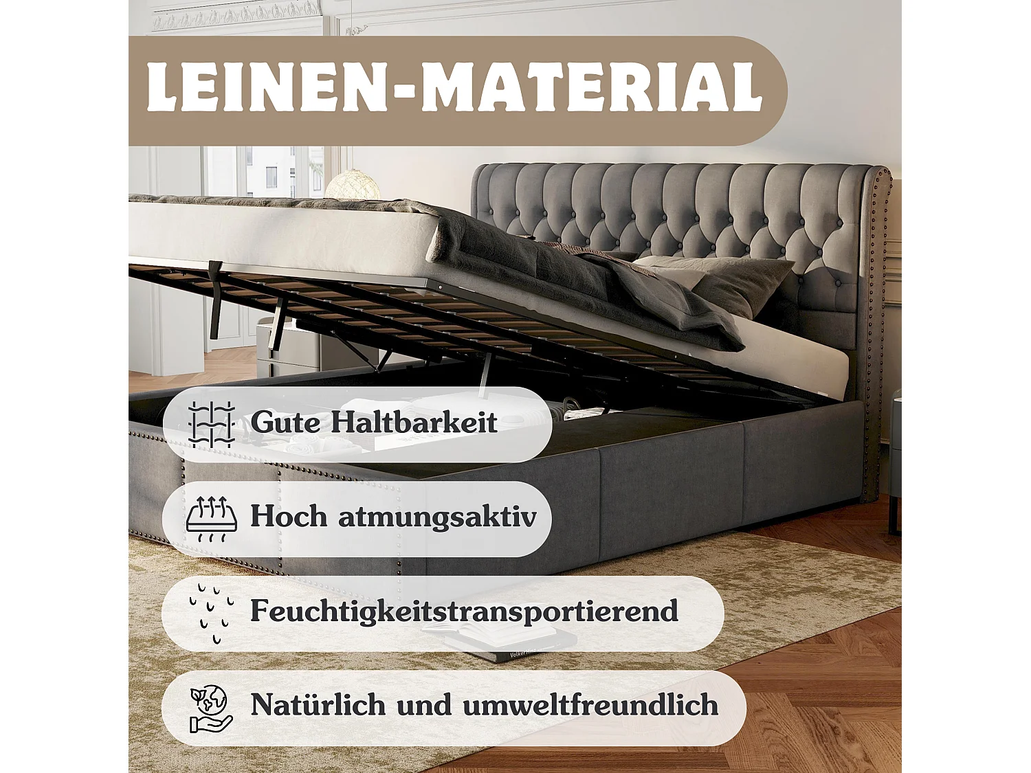 Lit coffre 160 x 200 cm avec tête de lit et 3 tirois - Décor rivet - Tissu en lin - Gris (sans matelas)