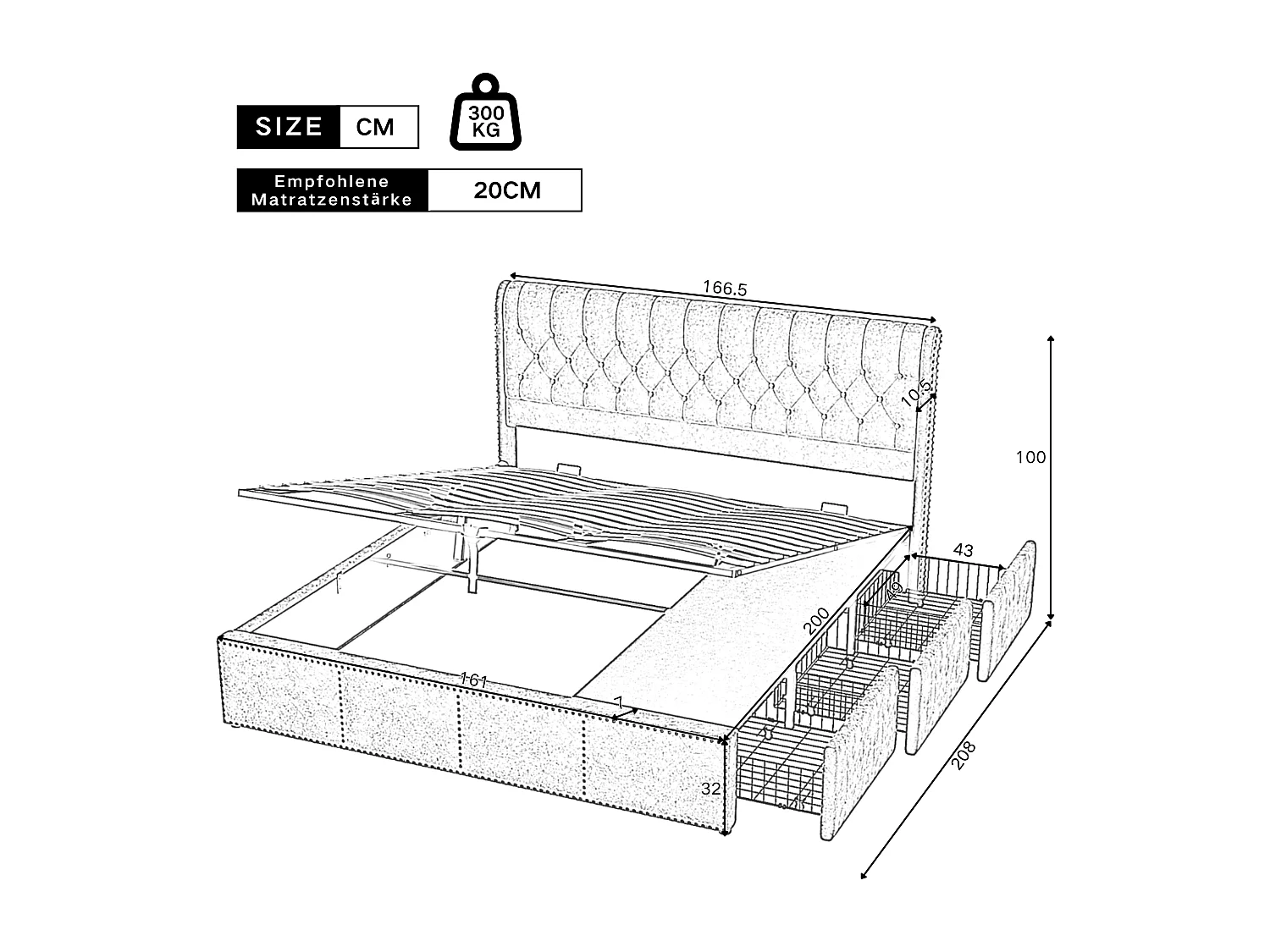 Lit coffre 160 x 200 cm avec tête de lit et 3 tirois - Décor rivet - Tissu en lin - Gris (sans matelas)