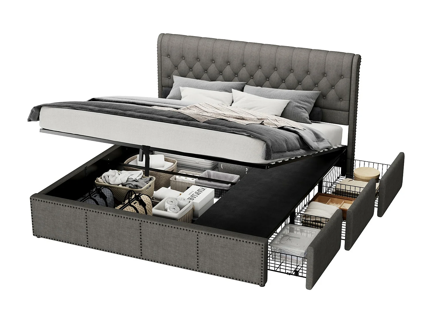 Lit coffre 160 x 200 cm avec tête de lit et 3 tirois - Décor rivet - Tissu en lin - Gris (sans matelas)