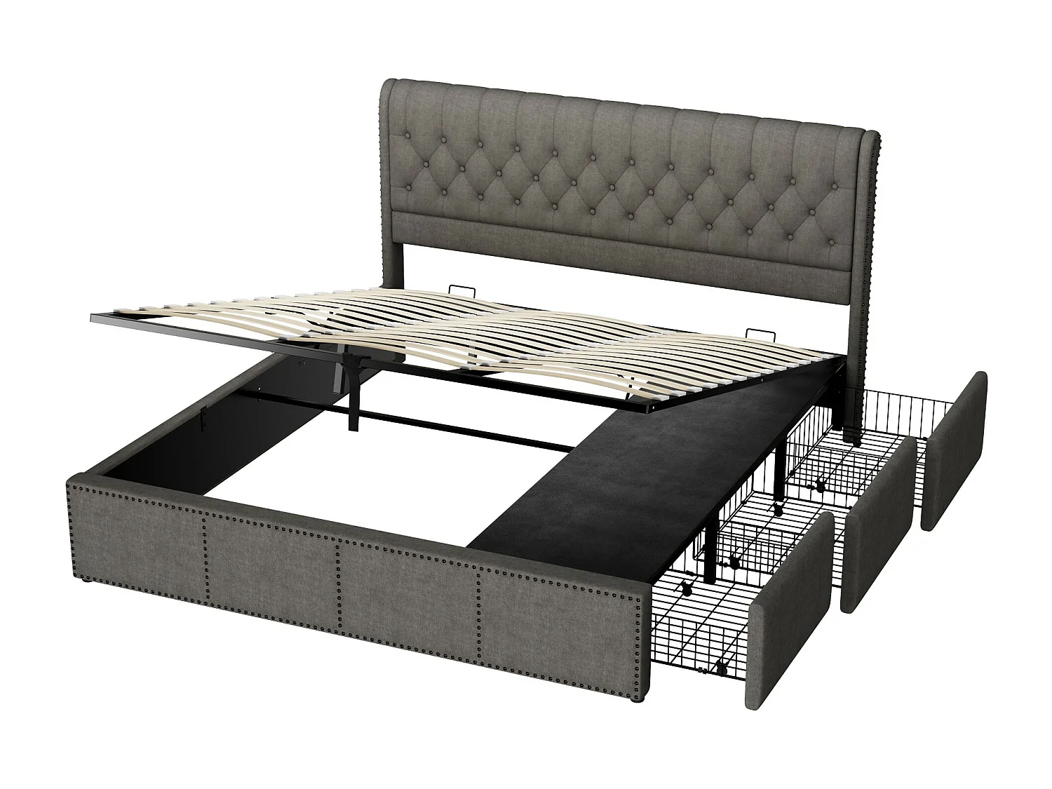 Lit coffre 160 x 200 cm avec tête de lit et 3 tirois - Décor rivet - Tissu en lin - Gris (sans matelas)