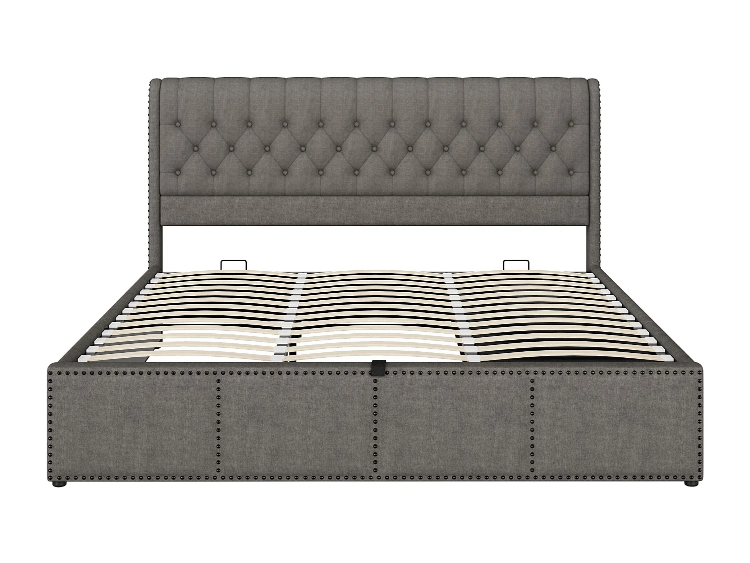 Lit coffre 160 x 200 cm avec tête de lit et 3 tirois - Décor rivet - Tissu en lin - Gris (sans matelas)