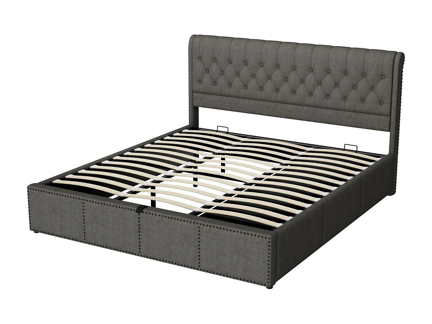 Lit coffre 160 x 200 cm avec tête de lit et 3 tirois - Décor rivet - Tissu en lin - Gris (sans matelas)