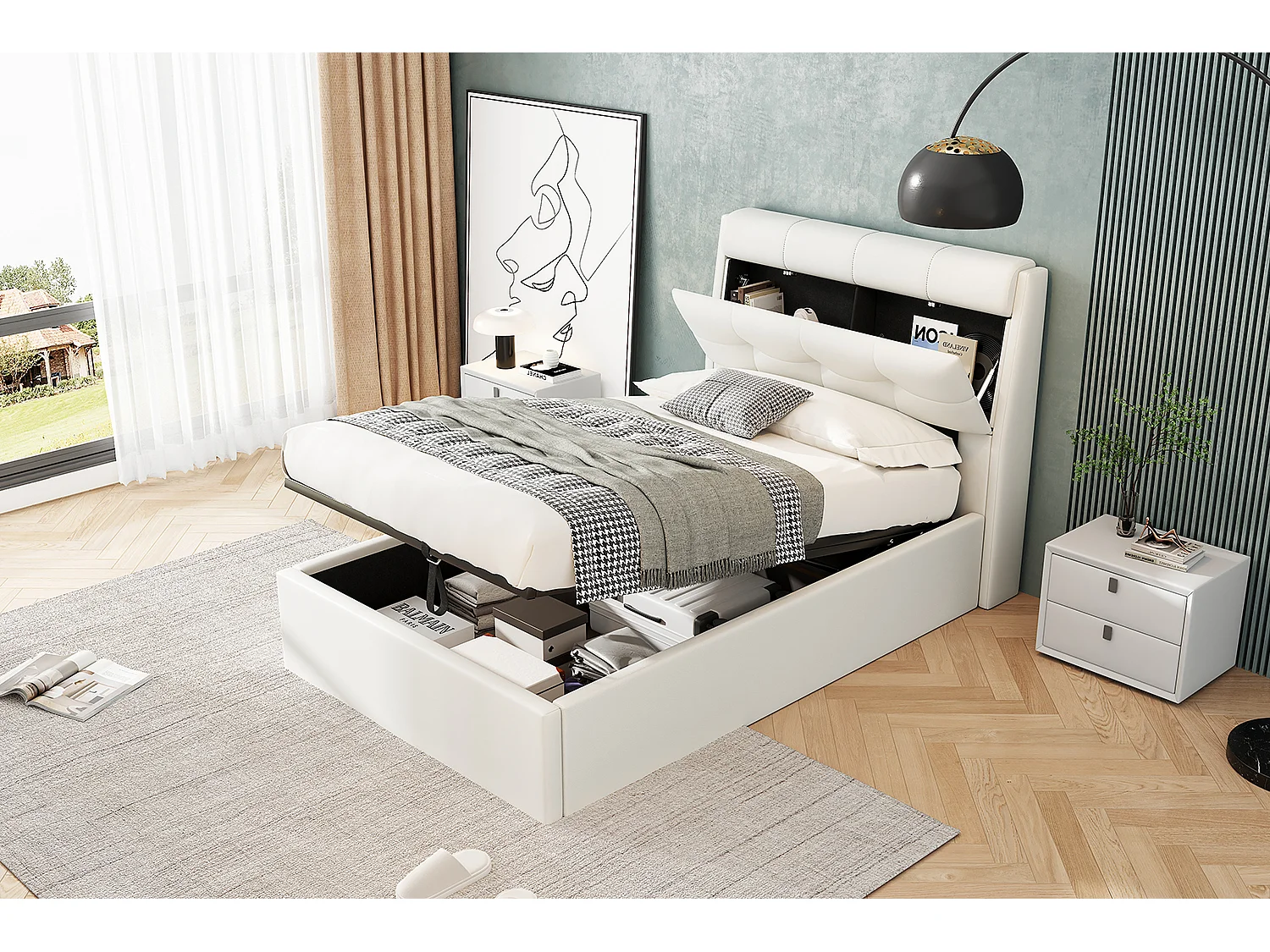 Lit coffre 90 x 200 cm avec tête de lit rangement - LEDs - Cuir PU - Blanc (sans matelas)