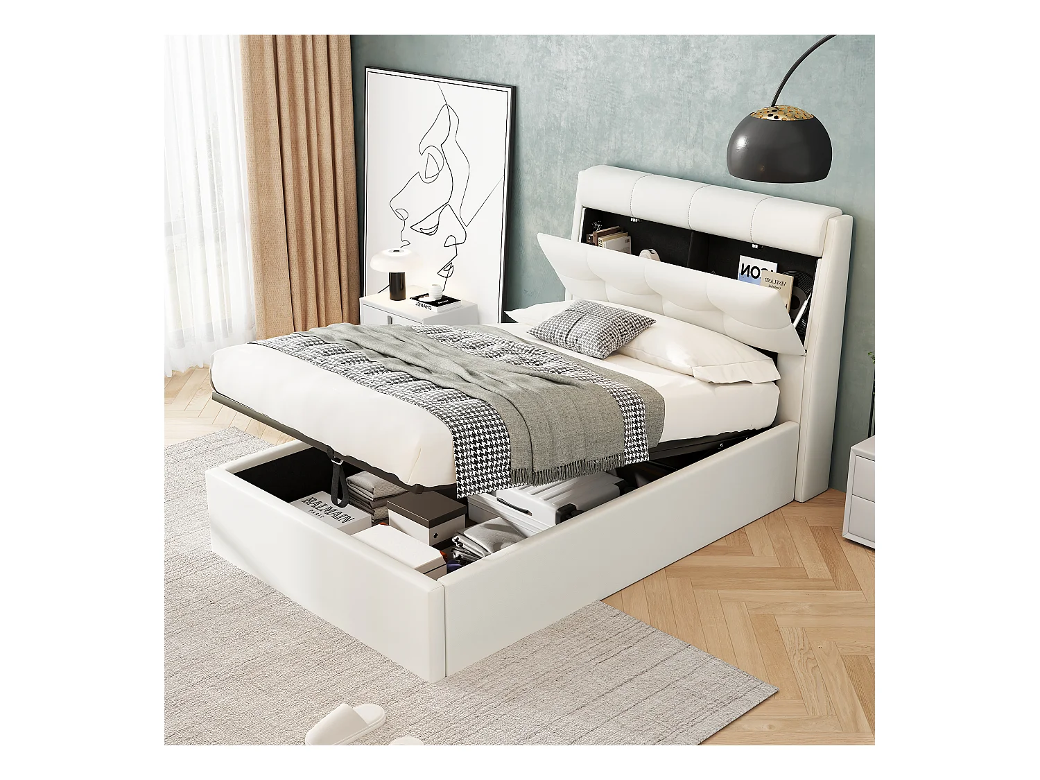 Stauraumbett 90 x 200 cm mit Stauraum-Kopfteil - LEDs - PU-Leder - Weiß (ohne Matratze)