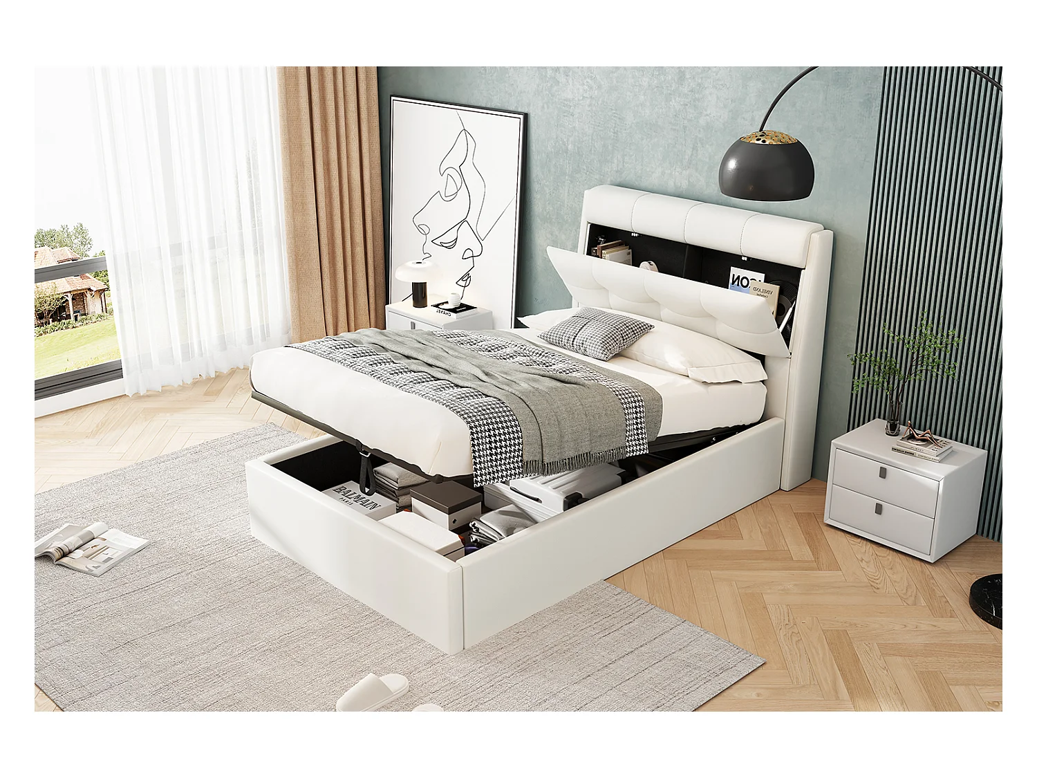 Stauraumbett 90 x 200 cm mit Stauraum-Kopfteil - LEDs - PU-Leder - Weiß (ohne Matratze)