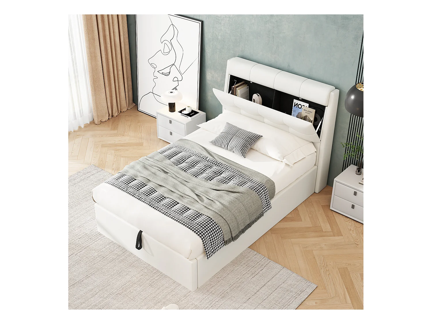 Stauraumbett 90 x 200 cm mit Stauraum-Kopfteil - LEDs - PU-Leder - Weiß (ohne Matratze)