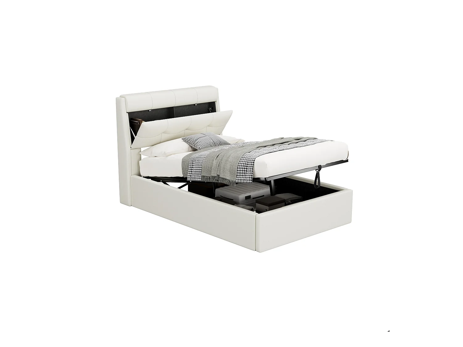 Stauraumbett 90 x 200 cm mit Stauraum-Kopfteil - LEDs - PU-Leder - Weiß (ohne Matratze)