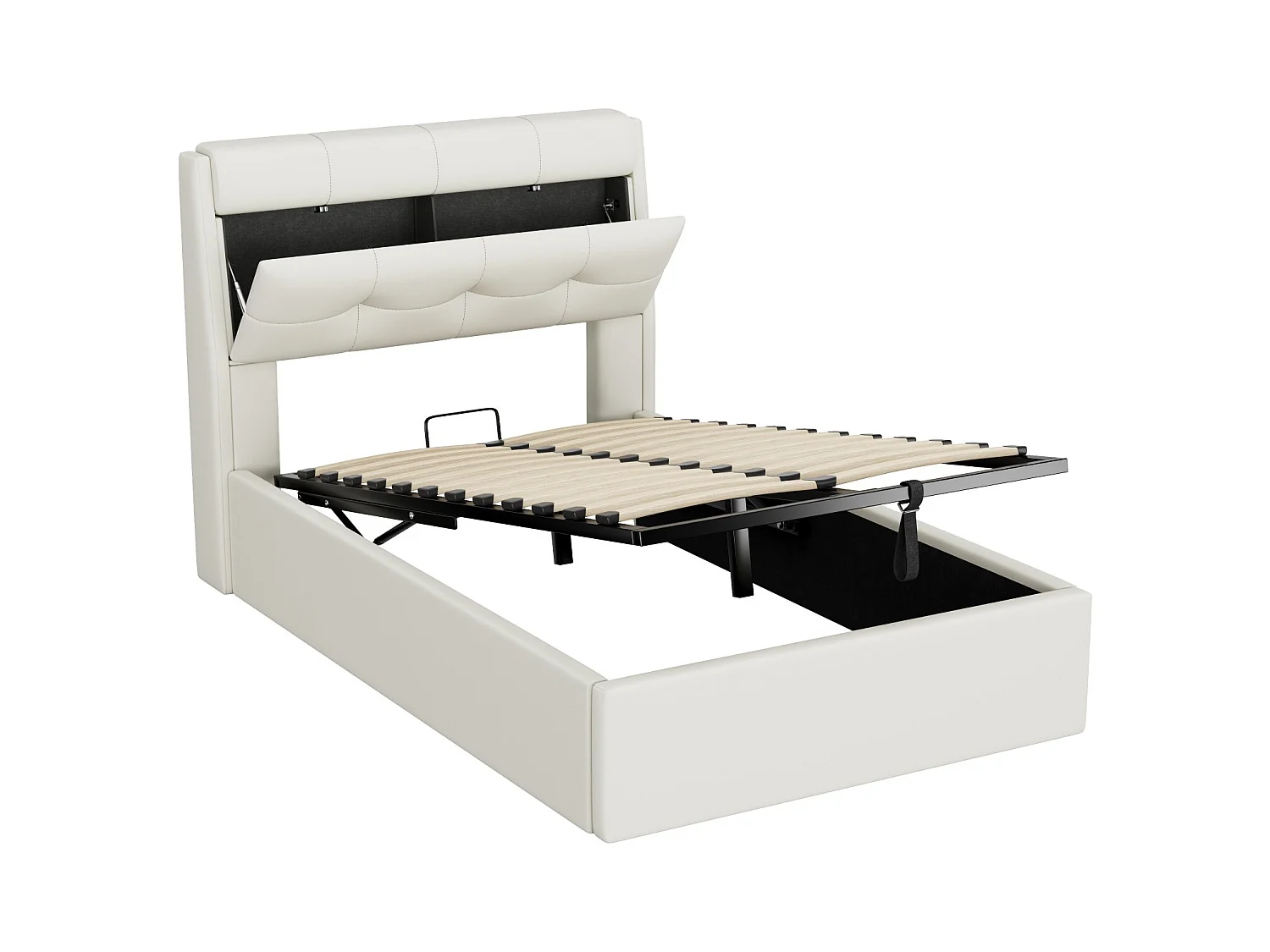 Stauraumbett 90 x 200 cm mit Stauraum-Kopfteil - LEDs - PU-Leder - Weiß (ohne Matratze)
