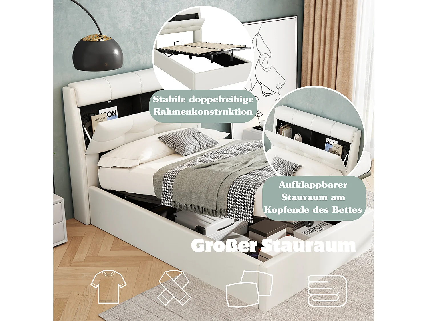 Lit coffre 90 x 200 cm avec tête de lit rangement - LEDs - Cuir PU - Blanc (sans matelas)