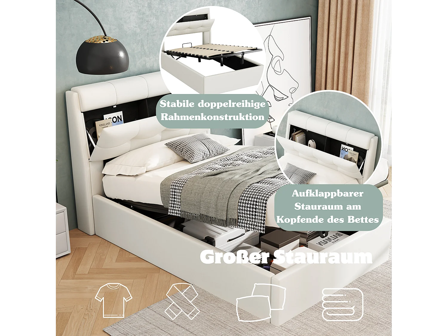 Lit coffre 90 x 200 cm avec tête de lit rangement - LEDs - Cuir PU - Blanc (sans matelas)