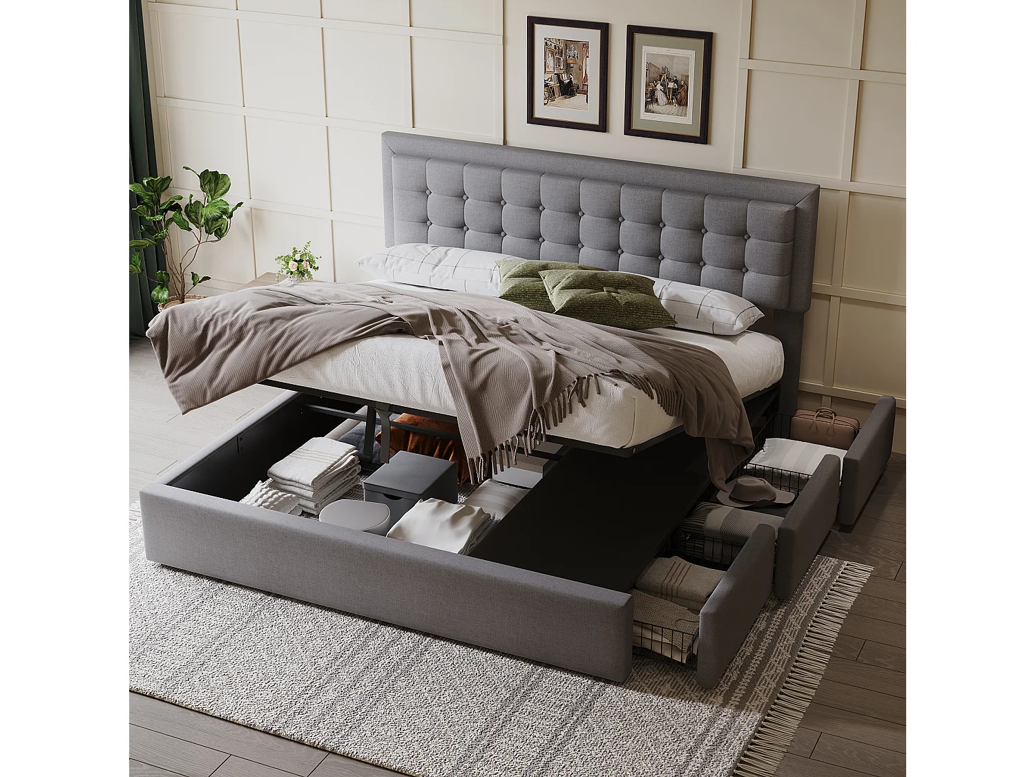 Letto contenitore 180 x 200 cm con testiera regolabile e 3 cassetti - Tessuto lino - Rete a doghe - Grigio (senza materasso)