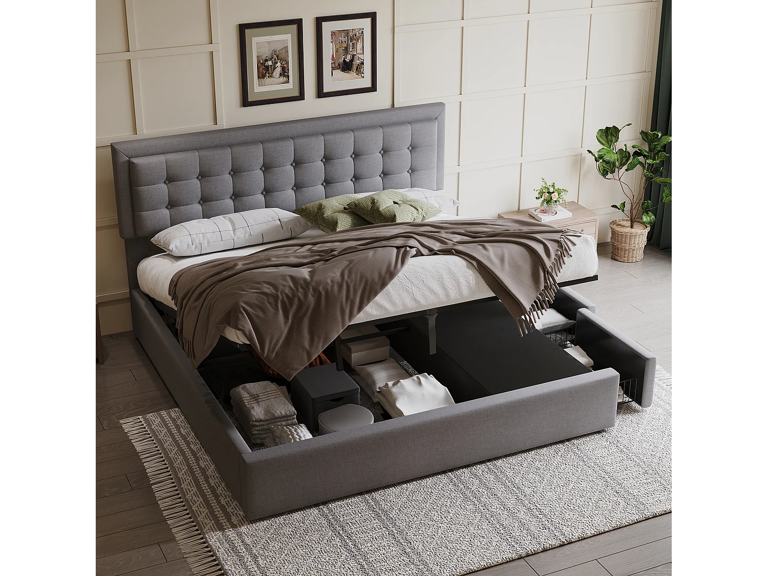Letto contenitore 180 x 200 cm con testiera regolabile e 3 cassetti - Tessuto lino - Rete a doghe - Grigio (senza materasso)