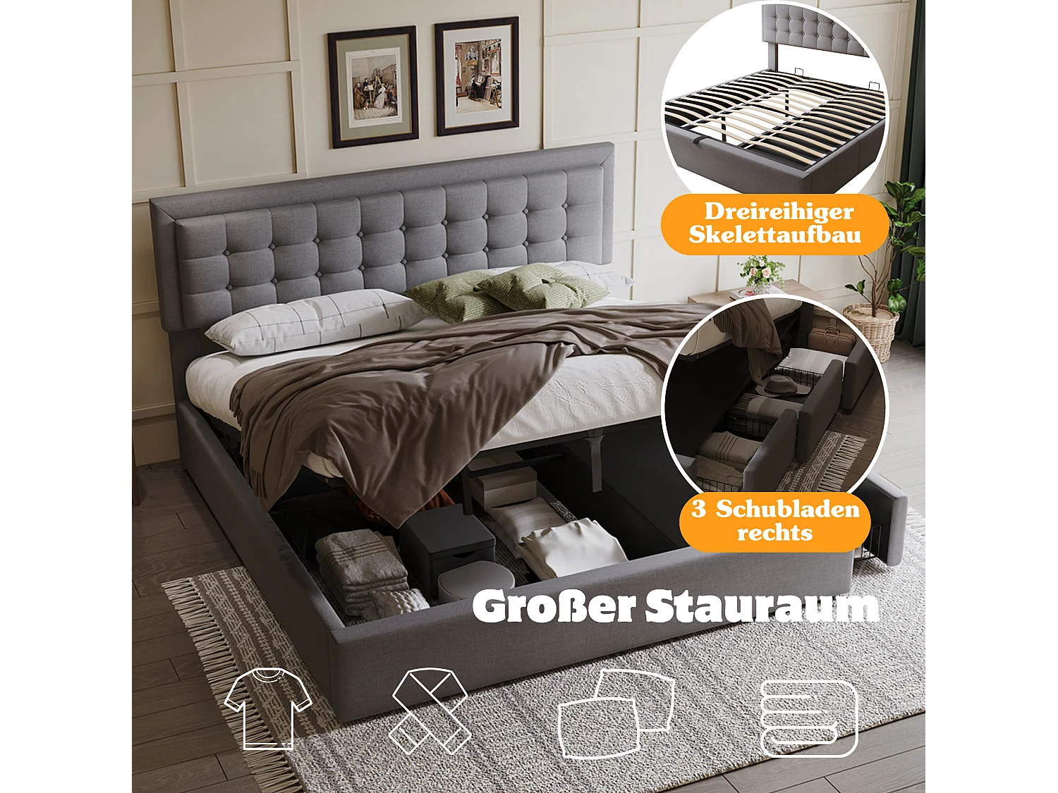 Letto contenitore 180 x 200 cm con testiera regolabile e 3 cassetti - Tessuto lino - Rete a doghe - Grigio (senza materasso)