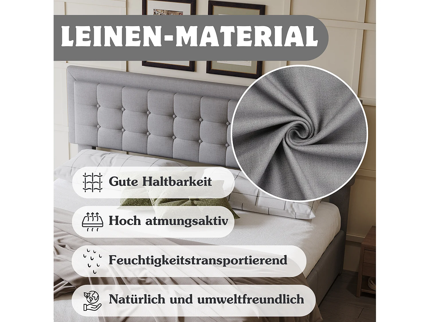 Letto contenitore 180 x 200 cm con testiera regolabile e 3 cassetti - Tessuto lino - Rete a doghe - Grigio (senza materasso)