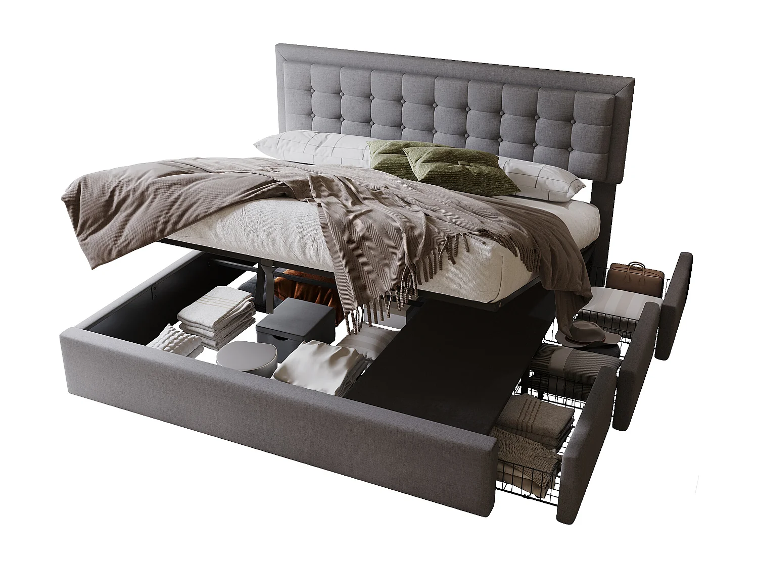 Letto contenitore 180 x 200 cm con testiera regolabile e 3 cassetti - Tessuto lino - Rete a doghe - Grigio (senza materasso)