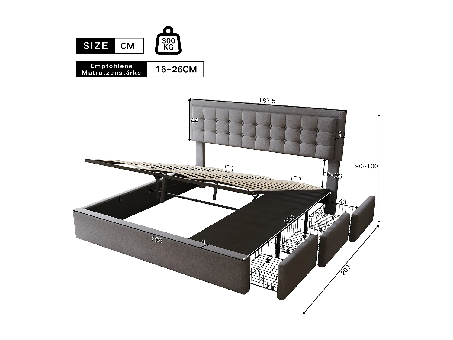 Letto contenitore 180 x 200 cm con testiera regolabile e 3 cassetti - Tessuto lino - Rete a doghe - Grigio (senza materasso)