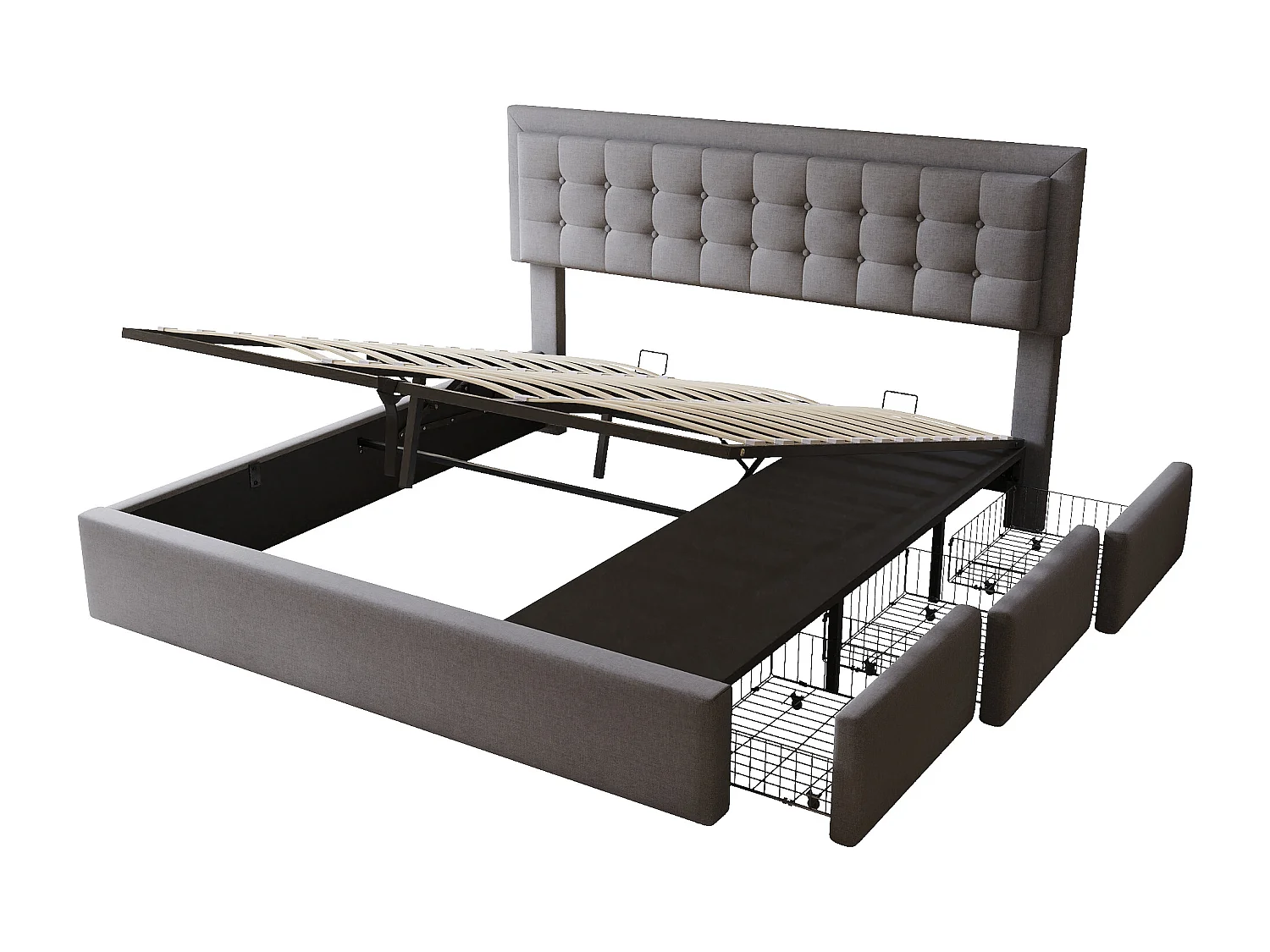 Letto contenitore 180 x 200 cm con testiera regolabile e 3 cassetti - Tessuto lino - Rete a doghe - Grigio (senza materasso)