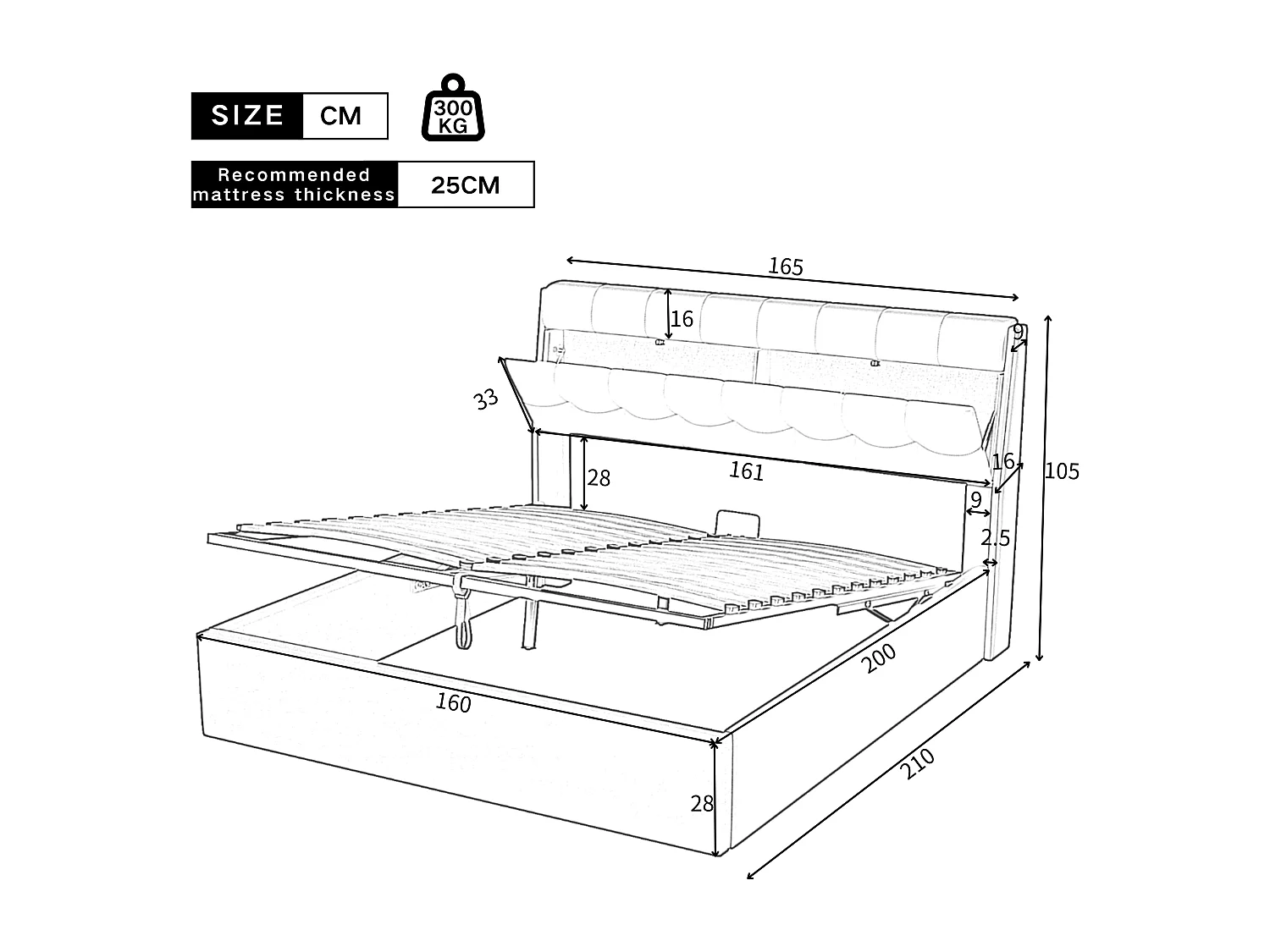 Lit coffre 160 x 200 cm avec tête de lit rangement - LEDs - Cuir PU - Noir (sans matelas)