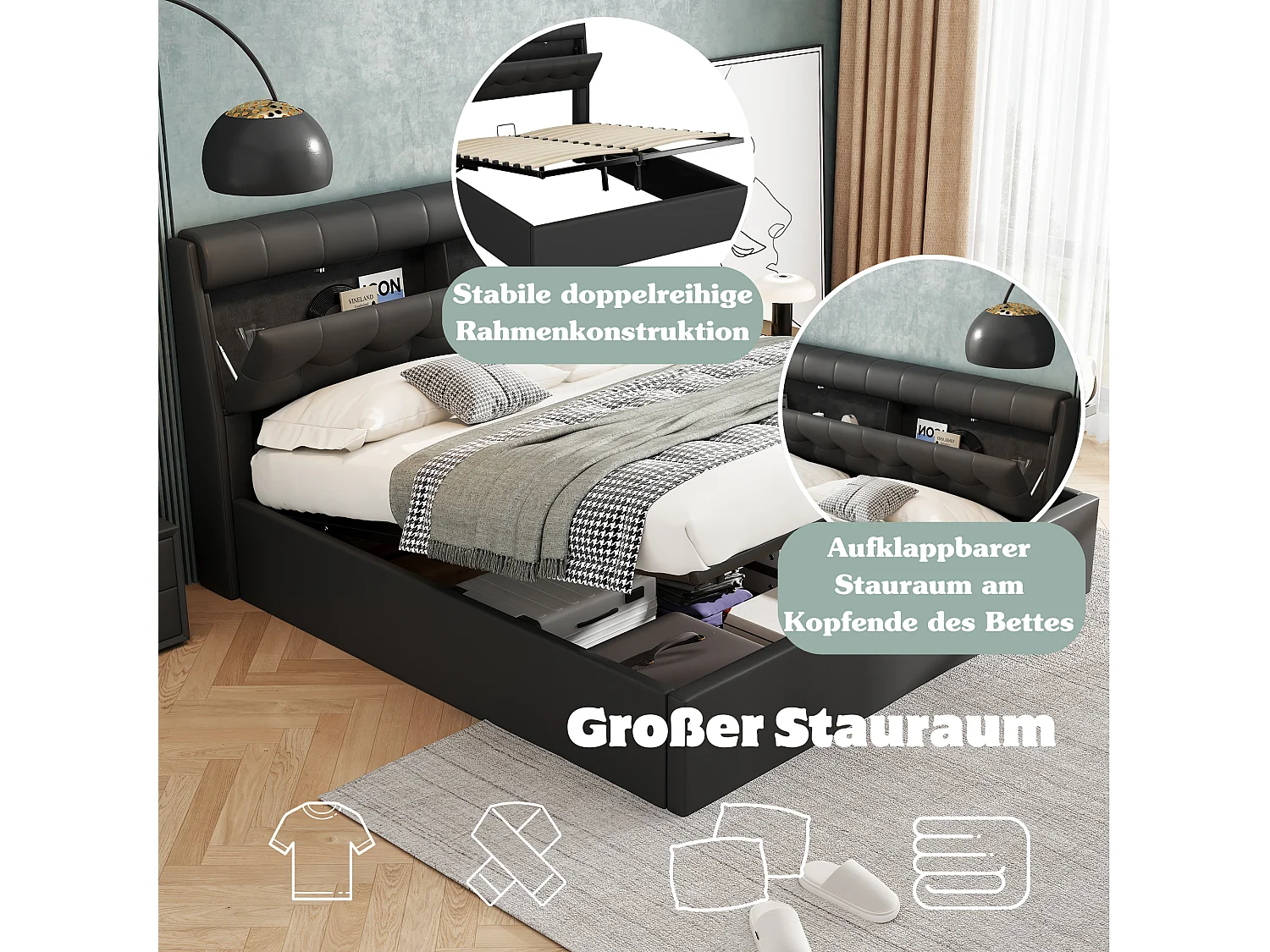 140 x 200 cm opbergbed met opberghoofdeinde - LED's - PU-leer - Zwart (zonder matras)