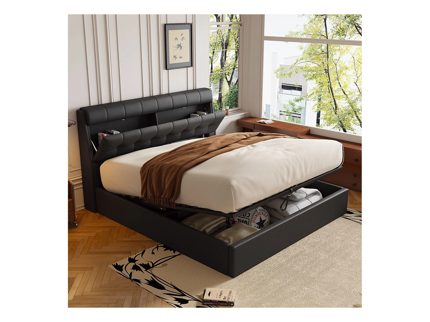Lit coffre 140 x 200 cm avec tête de lit rangement - LEDs - Cuir PU - Noir (sans matelas)
