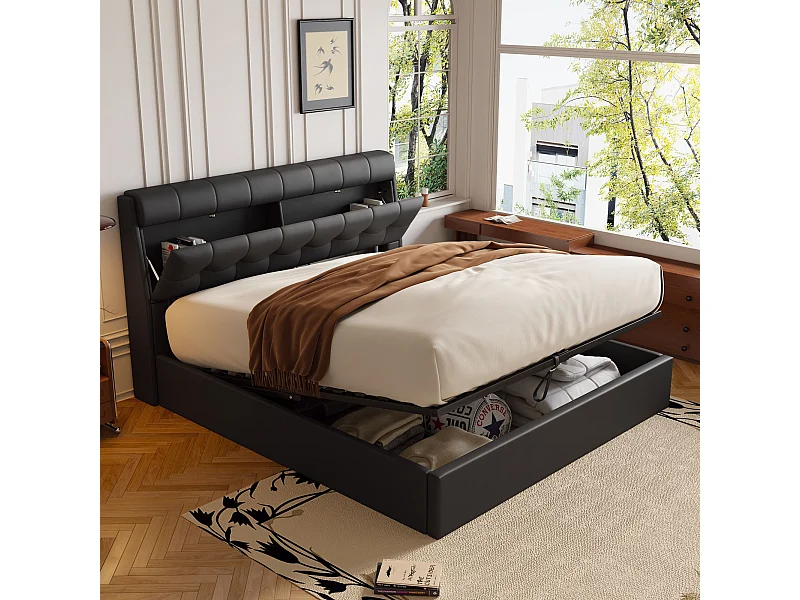 140 x 200 cm opbergbed met opberghoofdeinde - LED's - PU-leer - Zwart (zonder matras)