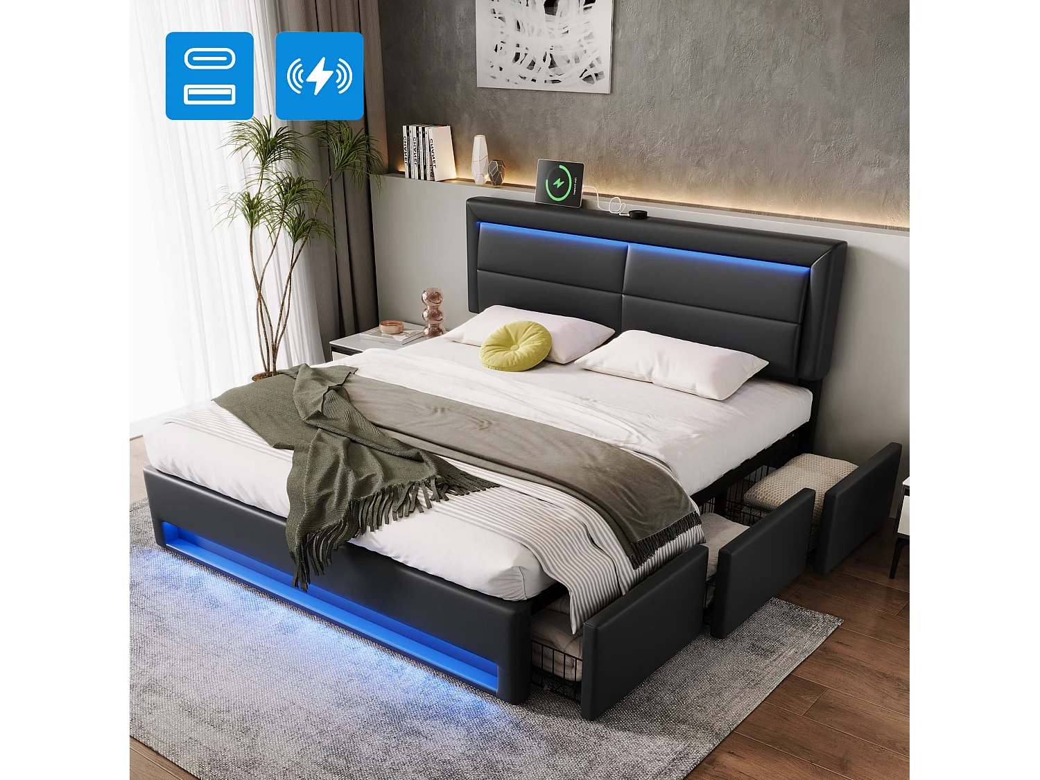 Letto contenitore 160 x 200 cm con testiera e 3 cassetti - LED e porta USB - Pelle PU - Nero (senza materasso)