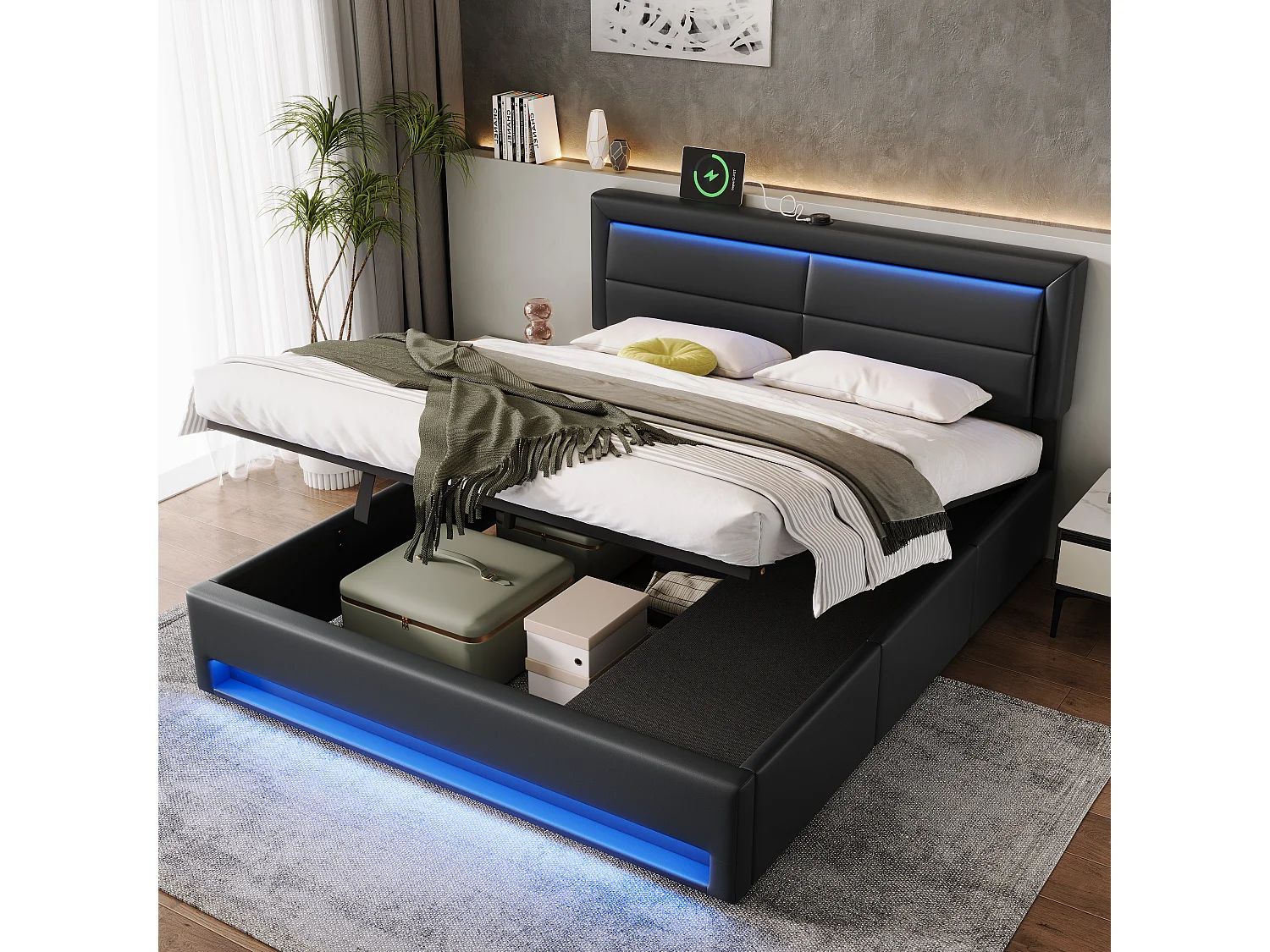 Letto contenitore 160 x 200 cm con testiera e 3 cassetti - LED e porta USB - Pelle PU - Nero (senza materasso)