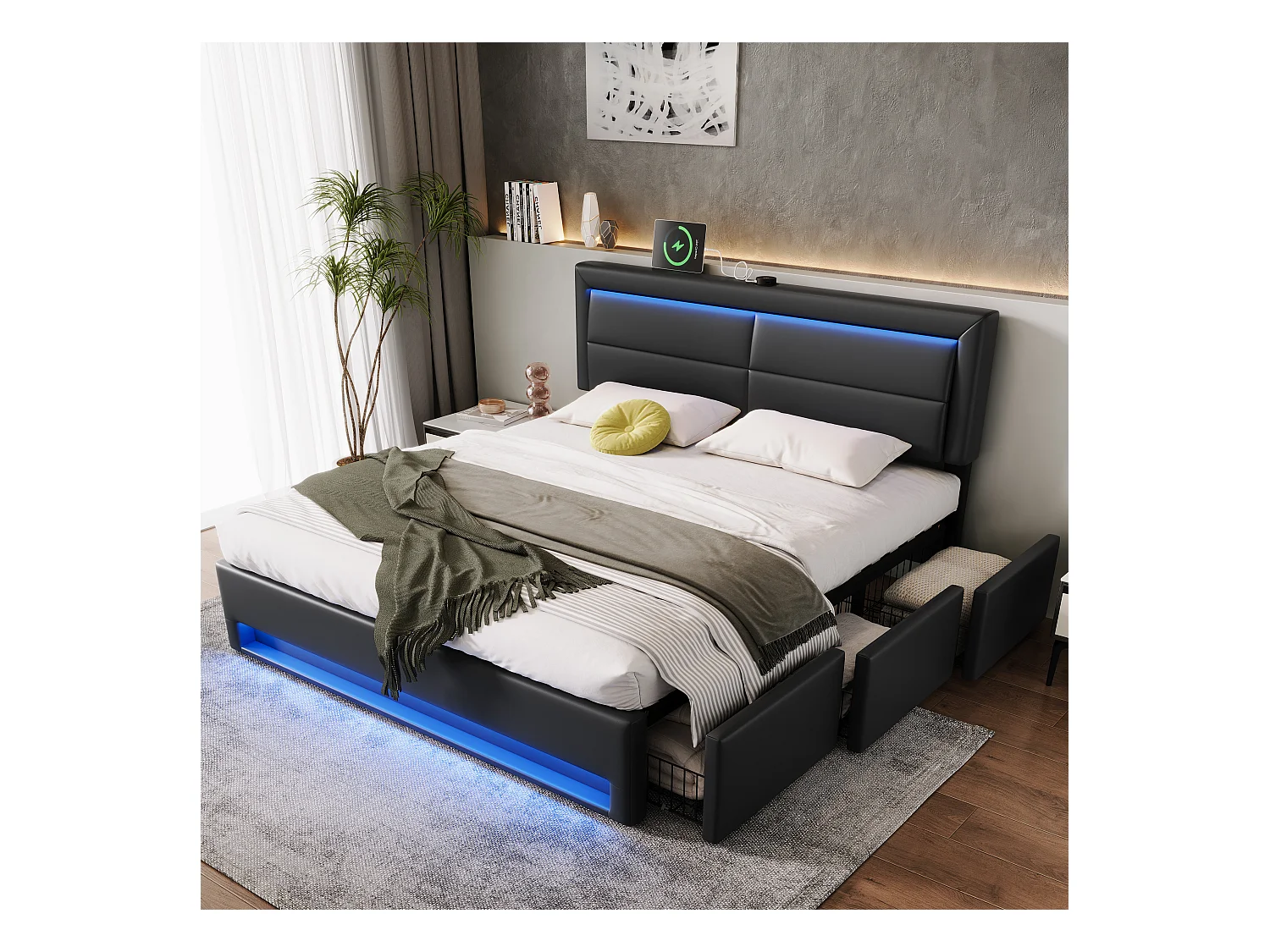 Letto contenitore 160 x 200 cm con testiera e 3 cassetti - LED e porta USB - Pelle PU - Nero (senza materasso)