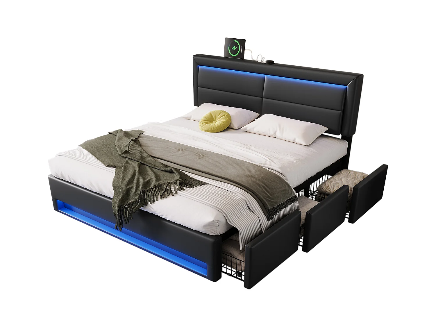 Letto contenitore 160 x 200 cm con testiera e 3 cassetti - LED e porta USB - Pelle PU - Nero (senza materasso)