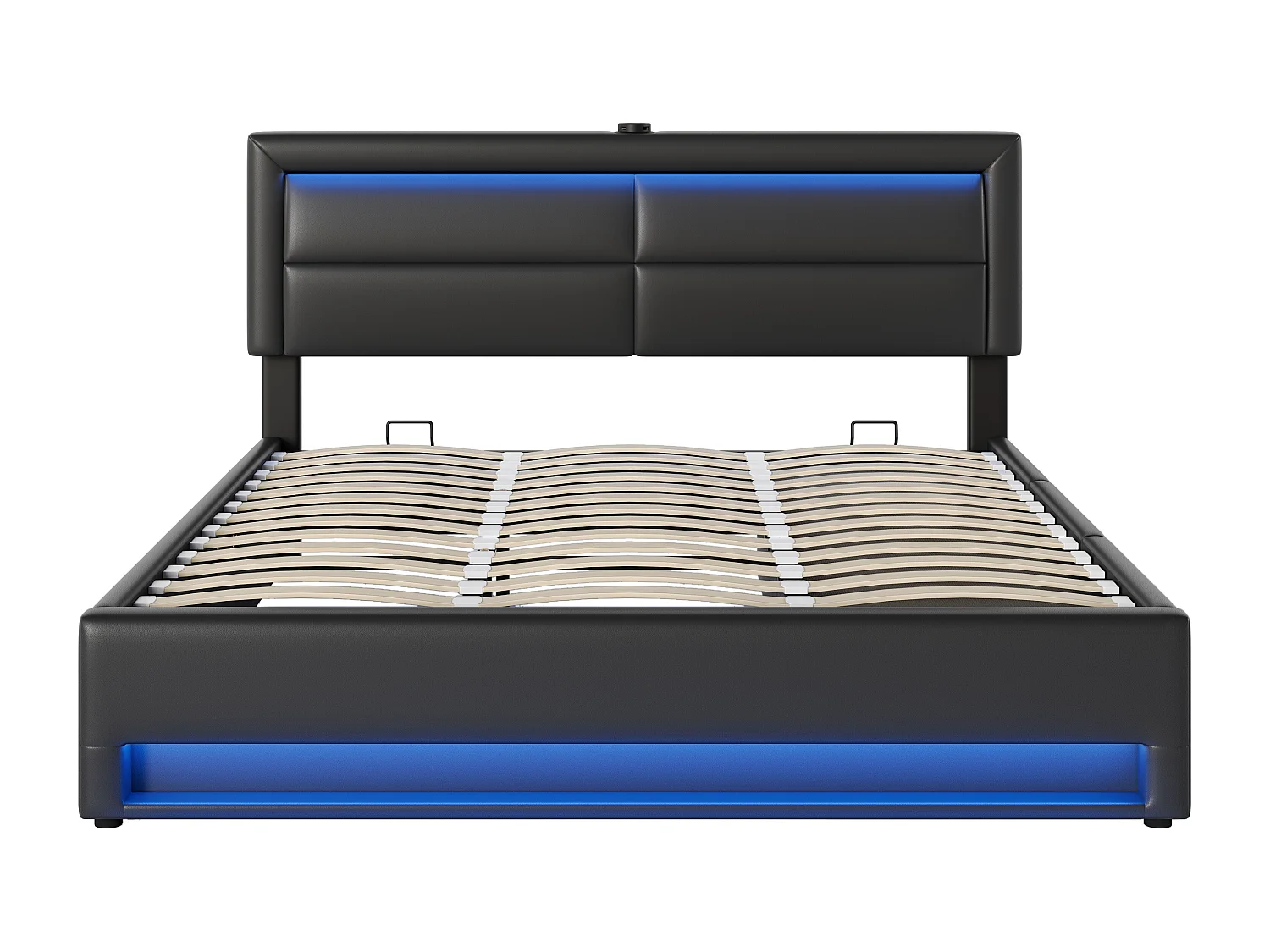 Letto contenitore 160 x 200 cm con testiera e 3 cassetti - LED e porta USB - Pelle PU - Nero (senza materasso)